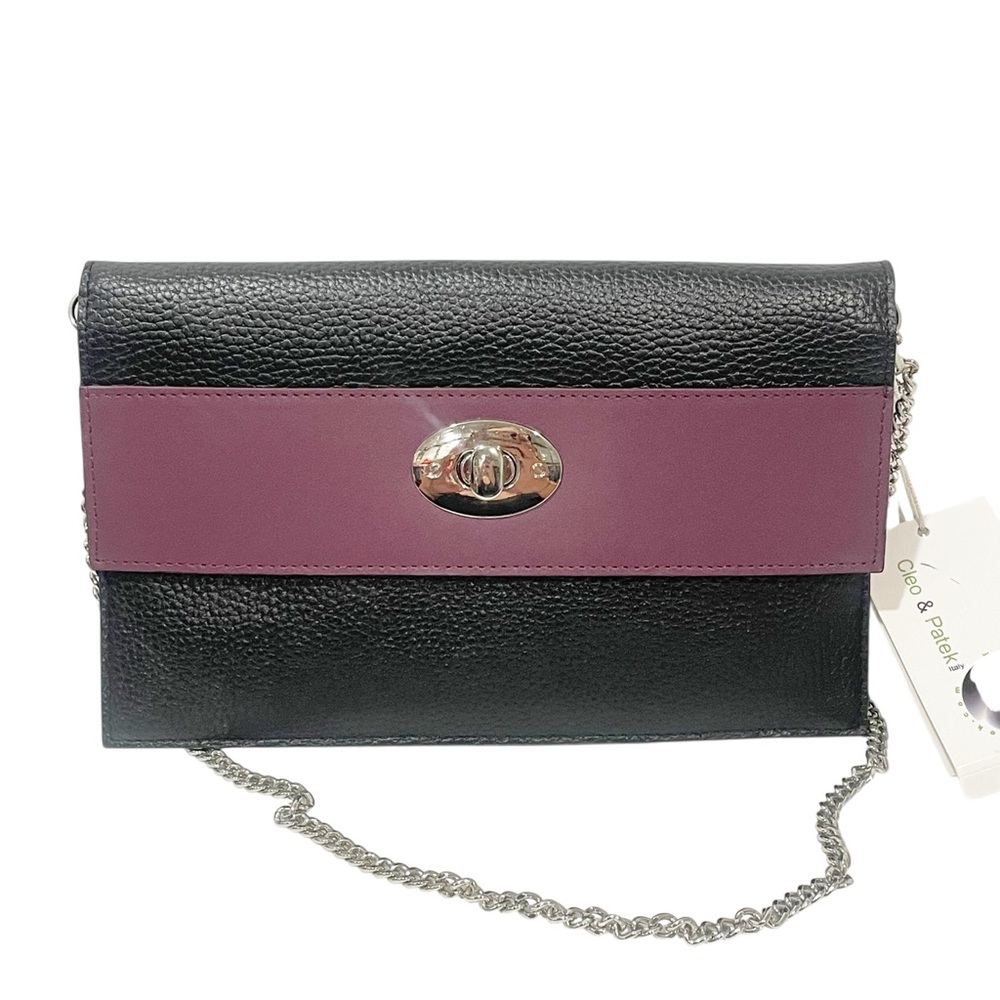 Cleo Patek Shoulder Bag Chain Strap Black/Eggplant Turn Lock Envelope‎ NEW